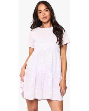Boohoo Textured Gingham Tiered Mini Smock Dress - White