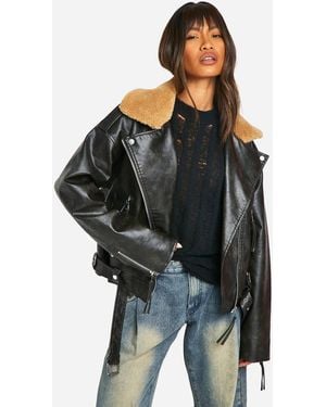 Boohoo Borg Collar Vintage Look Faux Leather Jacket - Black