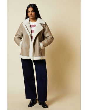 Dorothy Perkins Petite Faux Leather Longline Aviator Jacket - Natural