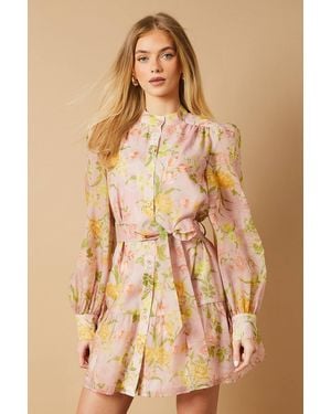 Oasis Soft Floral Organza Mini Shirt Dress - Natural