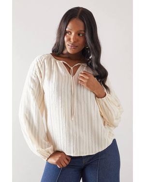 Wallis Embroidered Stripe Tie Front Top - White