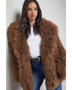Oasis Mongolian Faux Fur Short Coat - Brown