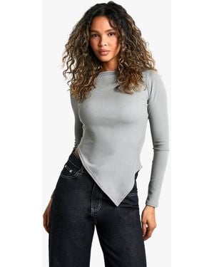 Boohoo Rib Asym Hem Long Sleeve Top - Gray
