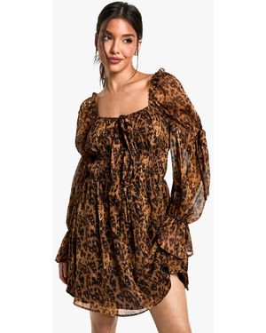 Boohoo Leopard Chiffon Milkmaid Mini Dress - Brown