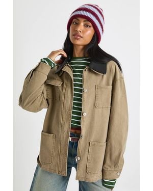 Boohoo Faux Leather Contrast Collar Barn Jacket - Green