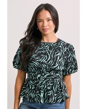 Dorothy Perkins Zebra Print Contrast Binding Peplum Top - Black