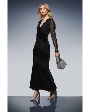 Oasis Velvet Lace Mix V Neck Maxi Dress - Blue