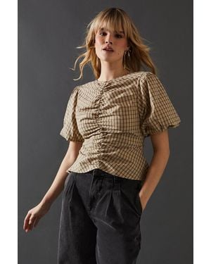 Warehouse Flannel Ruched Front Puff Sleeve Top - Brown