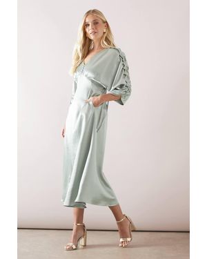 Wallis Petite Satin Ruched Sleeve Midaxi Dress - Green