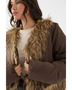 MissPap Faux Fur Trim Puffer Coat - Brown