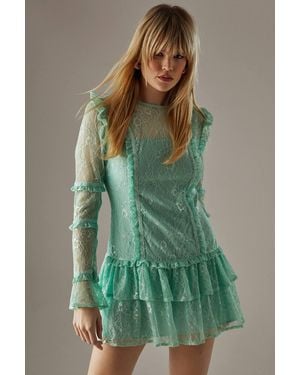 Warehouse Lace Ruffle Insert Mini Dress - Green