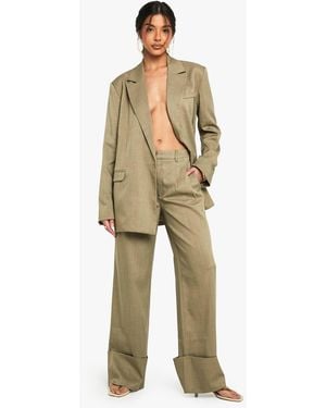 Boohoo Tailored Woven Turn Up Hem Wide Leg Trouser - Natural