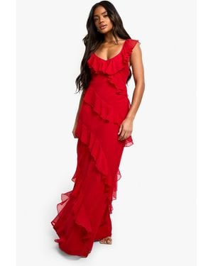 Boohoo Chiffon Ruffle Strappy Maxi Dress - Red