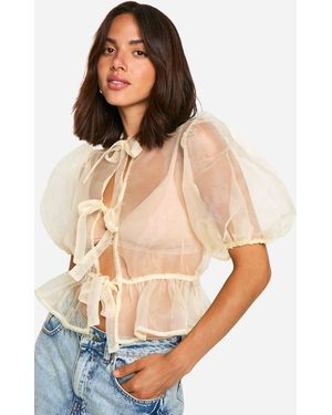 Boohoo Organza Tie Front Puff Sleeve Top - Yellow