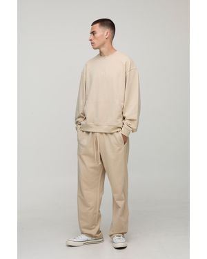 BoohooMAN Oversized Boxy Loopback Script Embroidered Extended Neck Sweatshirt - Natural