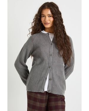 Boohoo Crew Neck Knit Cardigan - Gray