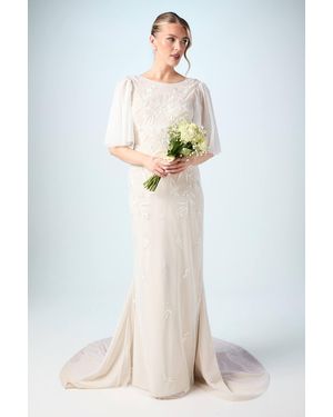Coast Flutter Sleeve Embroidered Tulle Wedding Dress - White
