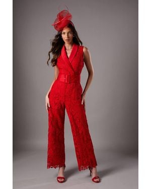 Coast Lisa Tan Lace Belted Jumpsuit - Red