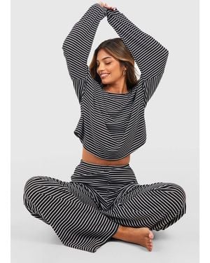 Boohoo Loungewear Stripe Long Sleeve Top & Pants Pajama Set - Gray