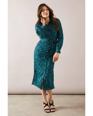 Wallis Leopard Long Sleeve Belted Shirt Dress - Blue