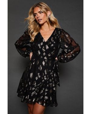 Dorothy Perkins Petite Jacquard Ruffle Long Sleeve Mini Dress - Black