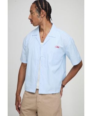 BoohooMAN Oversized Boxy Revere Embroidered Stripe Shirt - White