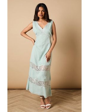 Oasis Petite Dobby Chiffon Lace Insert Midi Dress - Natural