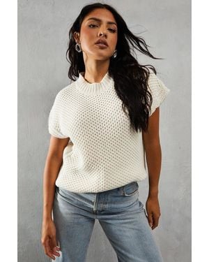 MissPap Knitted Cap Sleeve Dipped Hem Sweater - White
