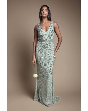 Coast Plunge Floral Embellished Bridesmaid Dress - Blue