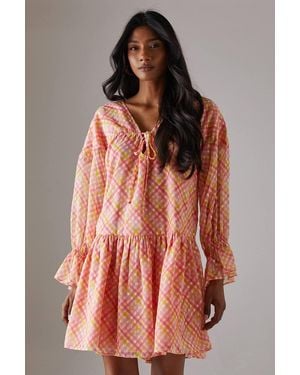 Warehouse Dobby Chiffon Volume Sleeve Smock Mini Dress - Brown