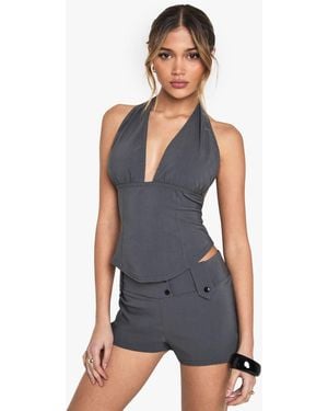 Boohoo Bengaline Halterneck Corset Top - Blue