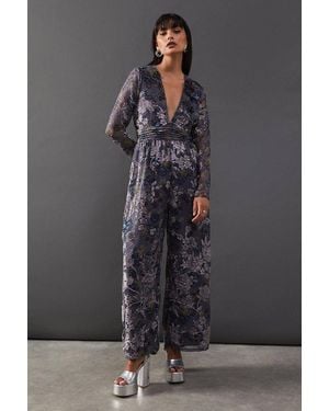 Warehouse Burnout Velvet Plunge Neck Waisted Jumpsuit - Gray