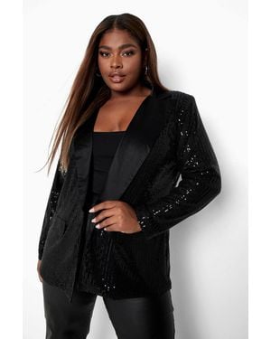 Boohoo Plus Contrast Lapel Sequin Blazer - Black