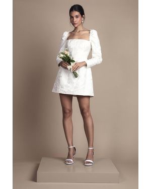 Coast Long Sleeve Square Neck Jaquard Mini Wedding Dress With Bow Detail - Natural