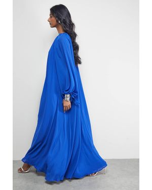 Warehouse Chiffon High Neck Trapeze Maxi Dress - Blue