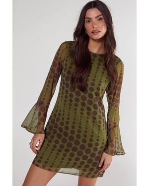 Nasty Gal Chiffon Polka Dot Fluted Sleeve Tunic Mini Dress - Brown
