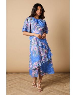 Oasis Petite Double Frill Satin Burnout Midi Dress - Blue