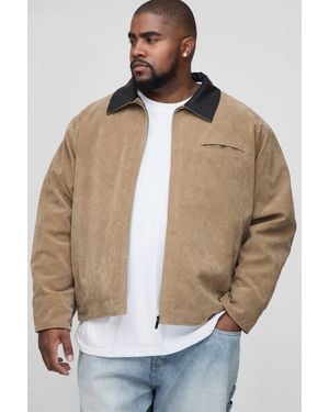 BoohooMAN Plus Oversized Boxy Contrast Collar Faux Suede Harrington Jacket - Natural