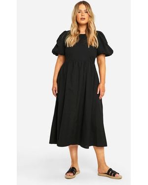 Boohoo Plus Linen Feel Puff Sleeve Midi Dress - Black