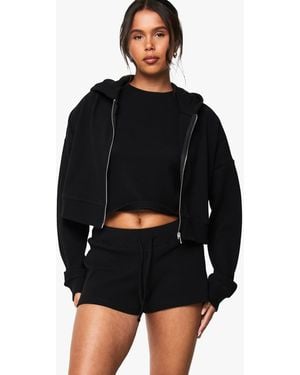 Boohoo Waffle Zip Through Boxy Crop Hoodie - Black