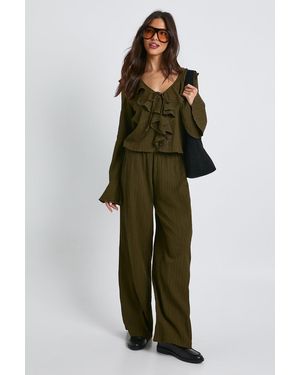 Boohoo Crinkle Textured Blouse & Wide Leg Trouser Co-Ord - Verde