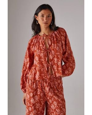 Warehouse Cheesecloth Tie Front Boho Blouse - Red