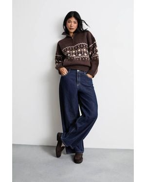 Oasis Fairisle Half Zip Sweater - Blue