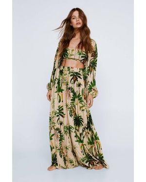 Nasty Gal Crinkle Palm Tree Bandeau And Maxi Kimono 3Pc Pants Set - Natural