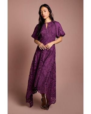 Coast Lace Hanky Hem Puff Sleeve Dress - Purple