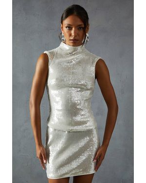 MissPap Sequin High Neck Top - Gray