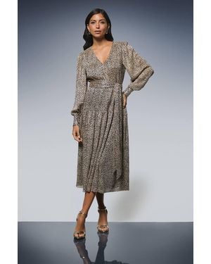 Wallis Animal Metallic Tie Waist Midi Dress - Gray