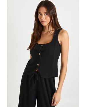 Boohoo Crinkle Rib Scoop Neck Button Through Top - Black