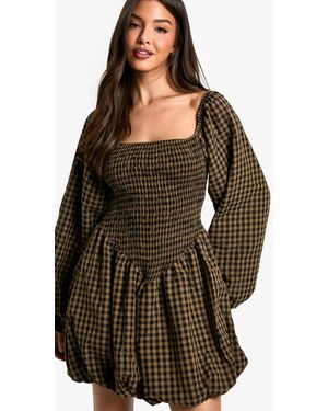 Boohoo Flannel Shirred Long Sleeve Puff Sleeve Mini Dress - Brown