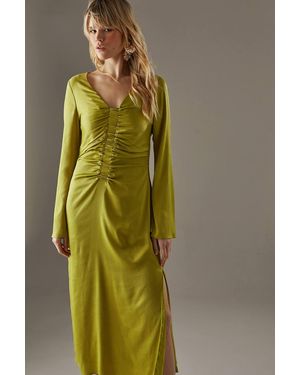Warehouse Crinkle Satin Ruched Front Column Midi Dress - Green